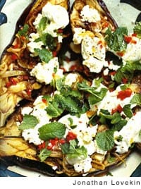 Turkish Baked Eggplant with Chile, Feta, and Mint