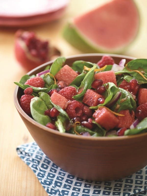 Watermelon Raspberry Spinach Salad with Pomegranate Vinaigrette