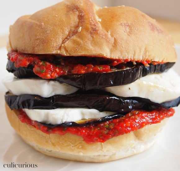 Mozzarella and Eggplant Sandwich with Roasted Red Pepper Relish