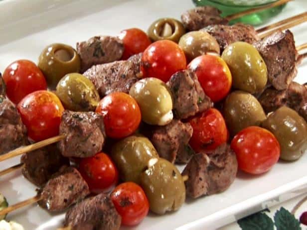 Lamb and Olive Skewers with Cucumber Salad