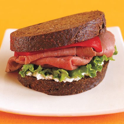 Roast Beef Pumpernickel Sandwich with Roasted Red Pepper, Arugula and Goat Cheese