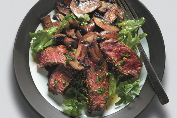Seared Asian Steak and Mushrooms on Mixed Greens with Ginger Dressing
