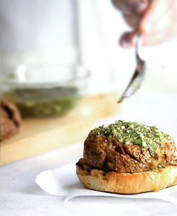Olive-Lamb Burger with Mint Gremolata