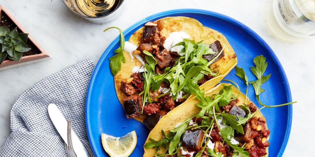 Chickpea Crêpe “Tacos” With Eggplant and Lamb