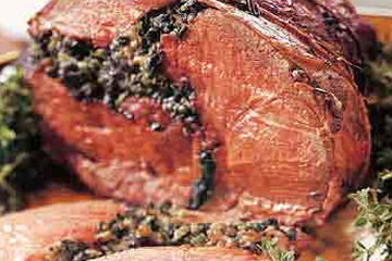 Leg of Lamb Packed with Wild Mushrooms and Greens