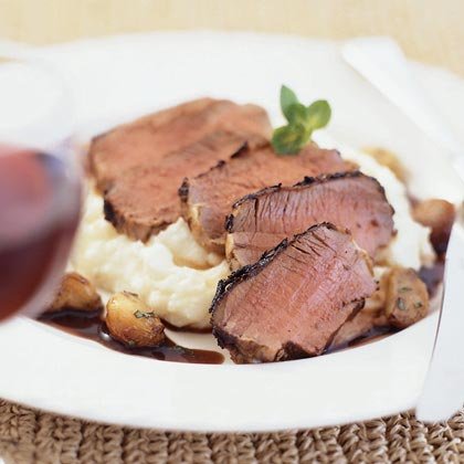 Grilled Lamb Loin with Cabernet-Mint Sauce and Garlic Mashed Potatoes