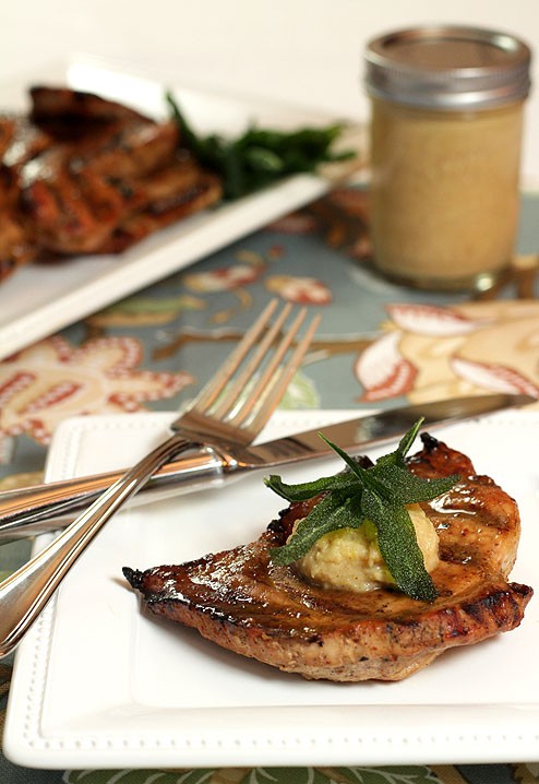 Molasses, Mustard and Rum Glazed Pork Steaks with Savory Apple Butter and Fried Sage Leaves